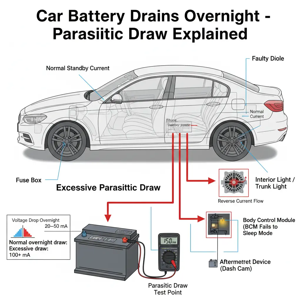 car battery drains overnight when parked being tested with multimeter for parasitic draw