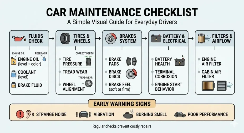 Car Maintenance Checklist inspection points diagram showing fluids, tires, and battery