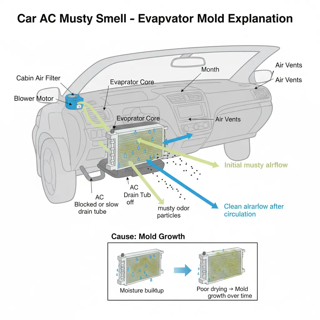 car smells musty when ac turned on first time due to evaporator moisture buildup