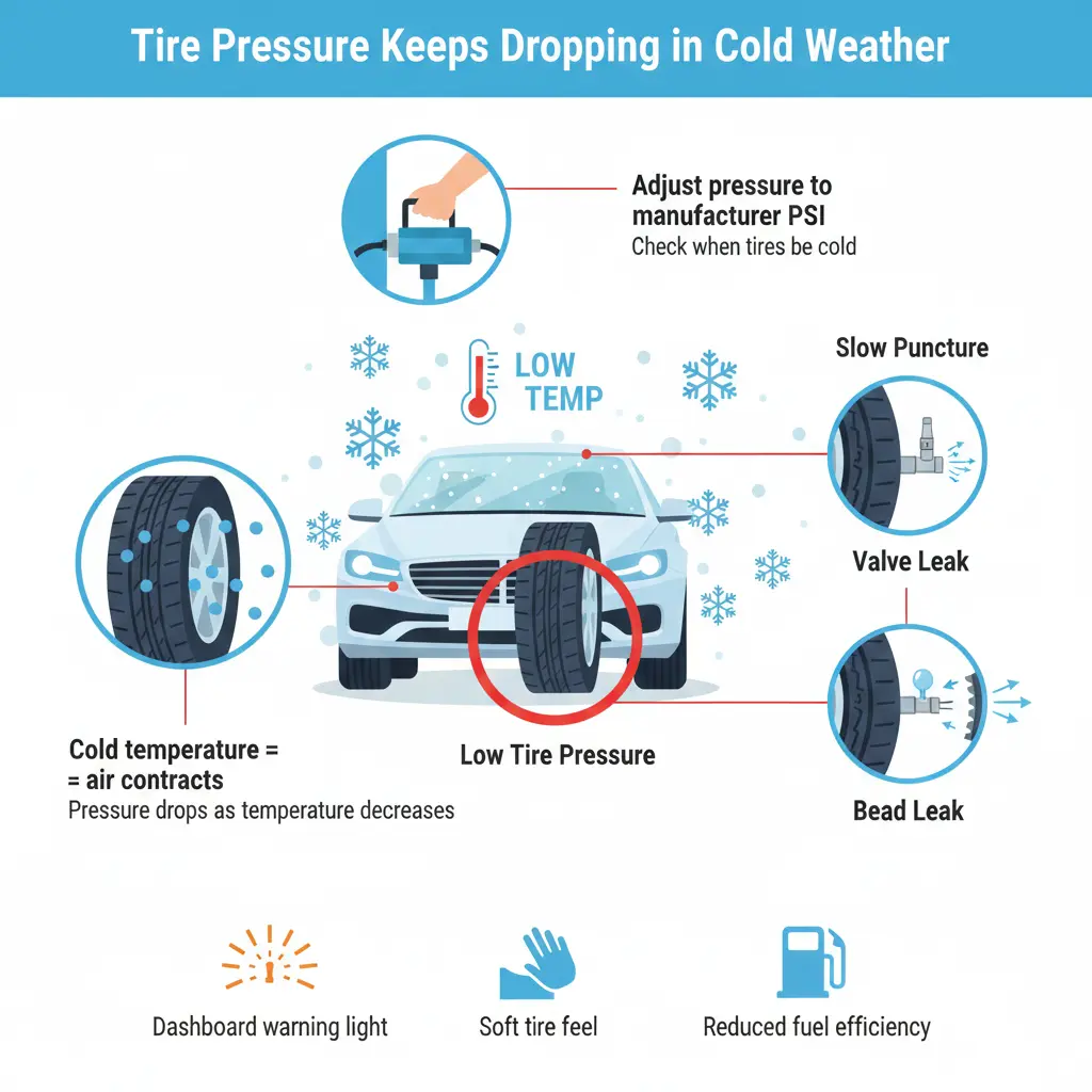 Tire Pressure Keeps Dropping in Cold Weather due to air contraction inside tire