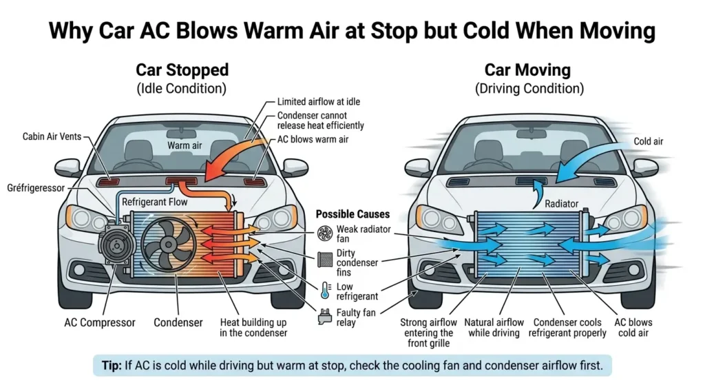 car AC blowing warm air at stop but cold when moving condenser airflow diagram