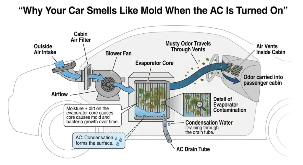 car smells like mold when AC is turned on evaporator diagram