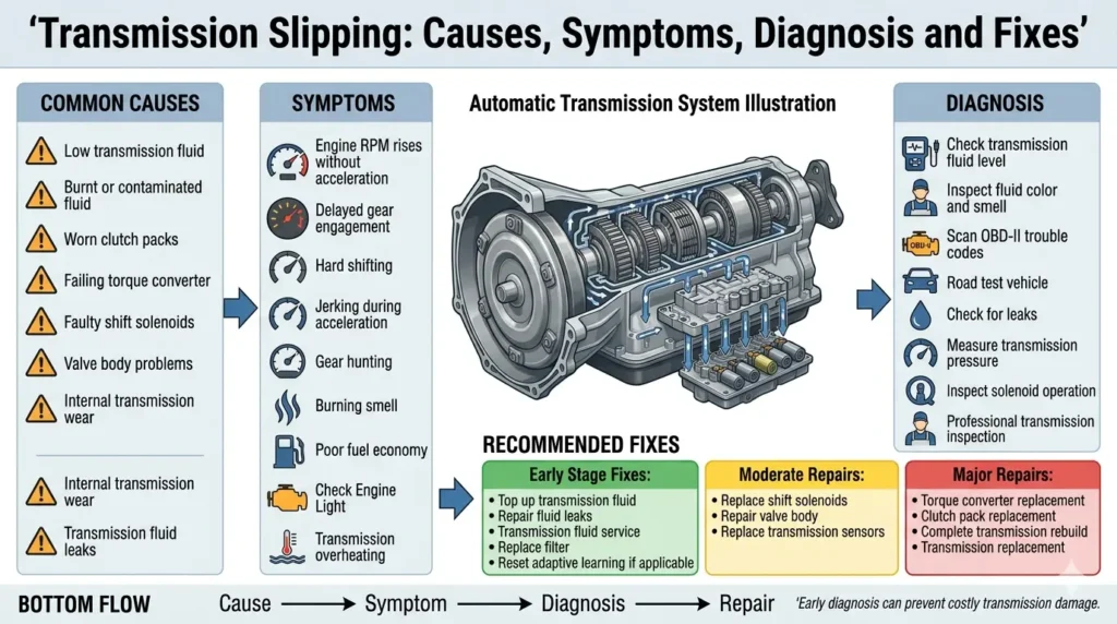 Transmission Slipping Causes Symptoms Diagnosis and Fixes showing worn clutch packs and low transmission fluid